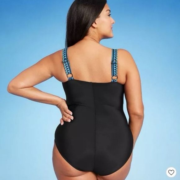 Aqua Green Tropical Leaf Adjustable Strap One Piece Swimsuit Size Large GUC - Picture 3 of 9